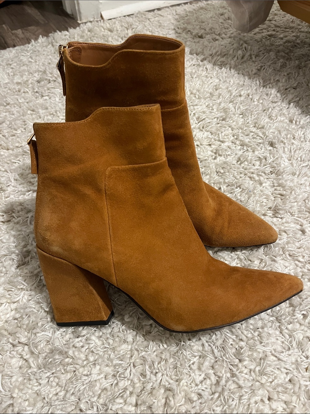 Franco Sarto Cognac Suede Pointed Toe Ankle Booties